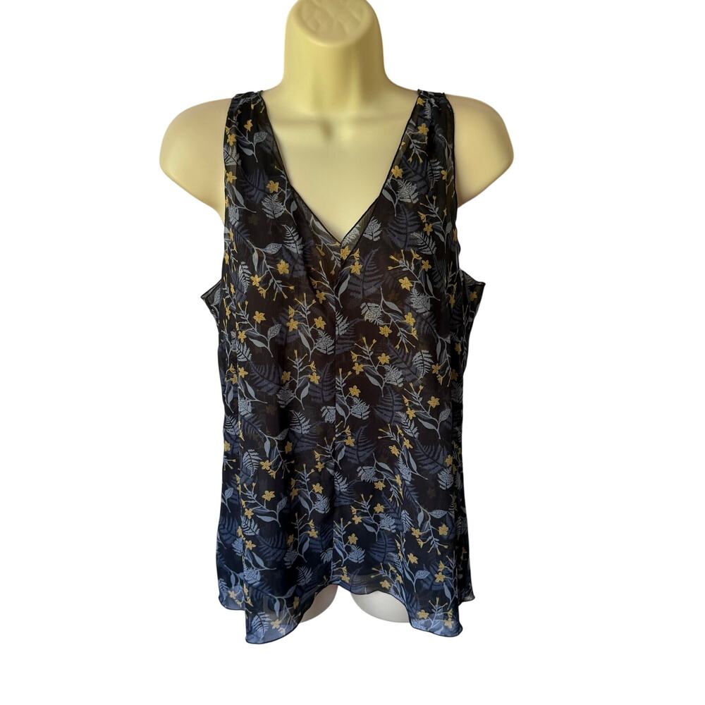 Cabi Fern Blouse Navy V Neck Layered Floral Sleeveless Top